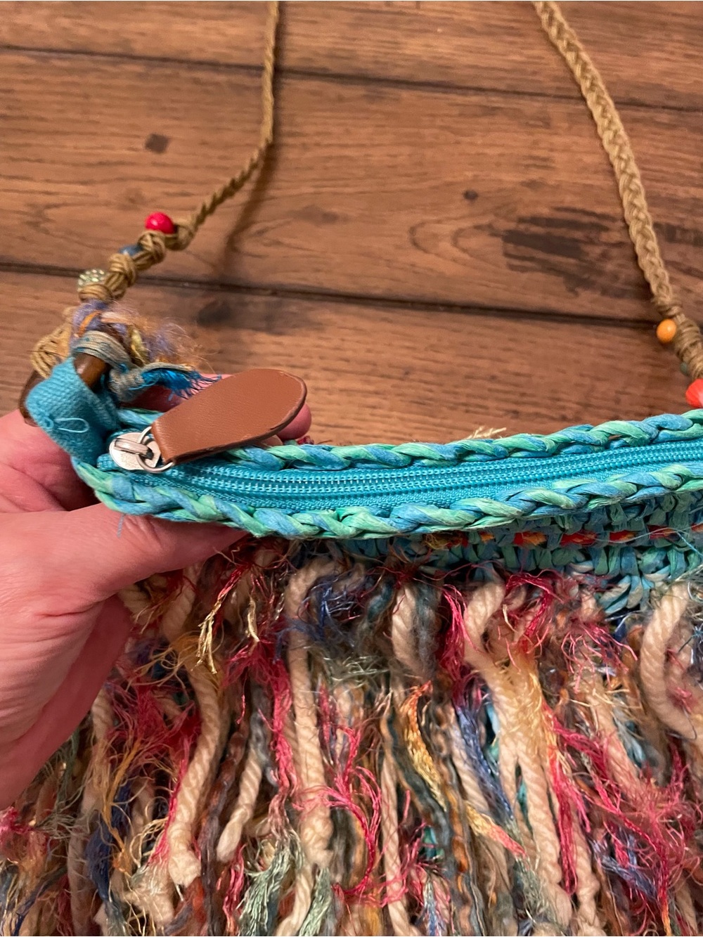Rare Boho Multicolor Fringe Crossbody Bag - Turquoise Zipper Top Beaded Sides - Picture 5 of 6